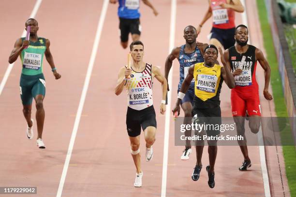 Javon Francis of Jamaica and Kevin Borlée of Belgium compete in the Men's 4x400 metres relay heats during day nine of 17th IAAF World Athletics...
