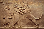 Assyrian wall relief, detail of panorama with royal lion hunt