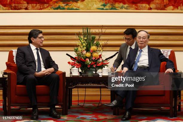 Ecuadoran Foreign Minister Jose Valencia meets with Chinese Vice President Wang Qishan at the Zhongnanhai leadership compound November 1, 2019 in...