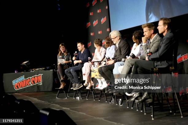 Terri Schwartz, Dustin Thomason, Lizzy Caplan, Elsie Fisher, Tim Robbins, Yusra Warsama, Barkhad Abdi, Paul Sparks and Matthew Alan speak on stage at...