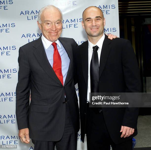 Leonard Lauder and Andre Agassi during Andre Agassi Launches New Men's Fragrance - Aramis Life at Christie's in New York City, New York, United...