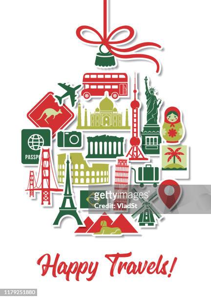 ilustrações de stock, clip art, desenhos animados e ícones de holiday travel christmas tree ornament icons landmarks vacation stickers - tourist