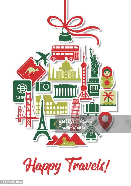 holiday travel christmas tree ornament icons landmarks vacation stickers - around the world globe stock illustrations