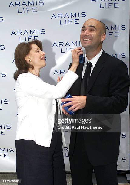 Evelyn Lauder and Andre Agassi during Andre Agassi Launches New Men's Fragrance - Aramis Life at Christie's in New York City, New York, United States.