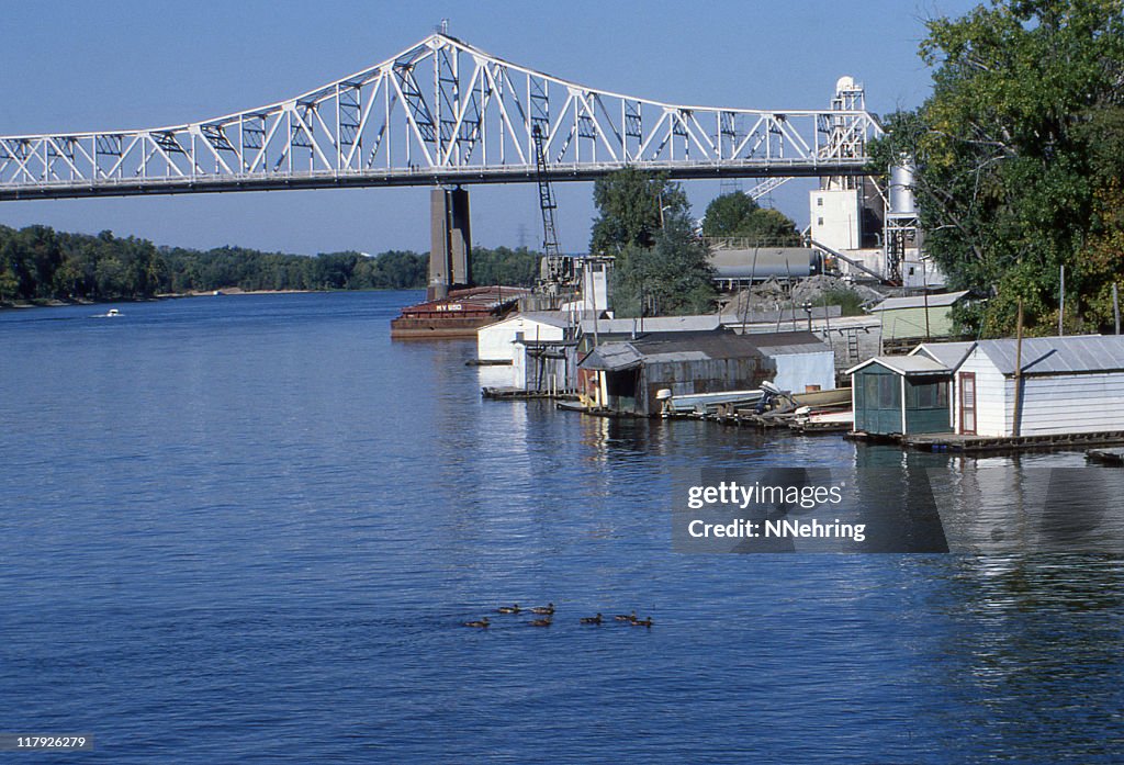 Mississippi River and bridge, La Crosse, Wisconsin 1979, retro