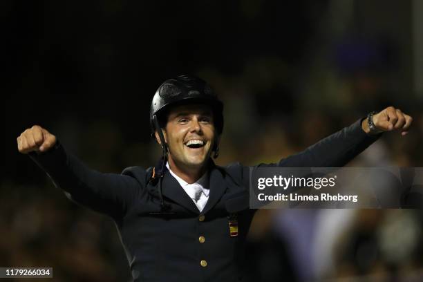 Sergio Alvarez Moya of Spain celebrates after riding Jet Run which lead Spain to victory in the Challenge Cup during Day 3 of Longines FEI Jumping...