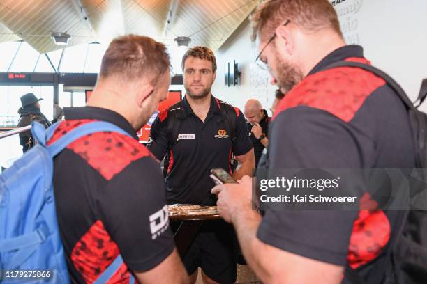 Captain Luke Whitelock of Canterbury and his team mates arrive home with the Ranfurly Shield at Christchurch Airport on October 06, 2019 in...