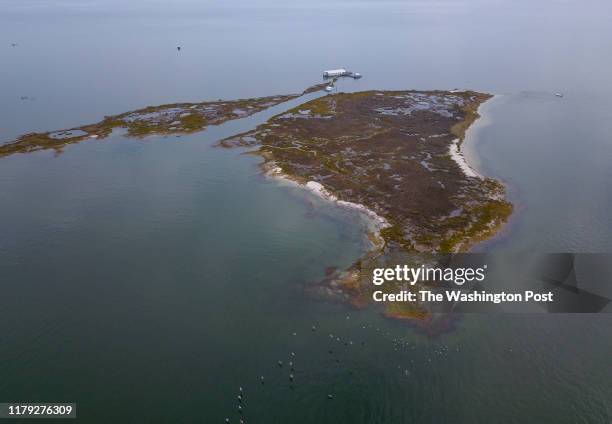 An aerial view of eroding marsh near The Lodge on October 30, 2019 in Fox Island, VA. Chesapeake Bay Foundation's Fox Island Environmental Education...