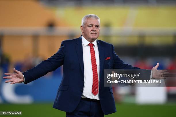 Wales' head coach Warren Gatland gestures before the Japan 2019 Rugby World Cup bronze final match between New Zealand and Wales at the Tokyo Stadium...