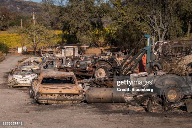 Vehicles burned out by the Kincade Fire sit in Healdsburg, California, U.S., on Thursday, Oct. 31, 2019. While the extreme winds were forecast to...