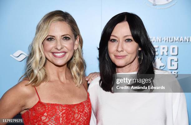 Sarah Michelle Gellar and Shannen Doherty arrive at the 9th Annual American Humane Hero Dog Awards at The Beverly Hilton Hotel on October 05, 2019 in...
