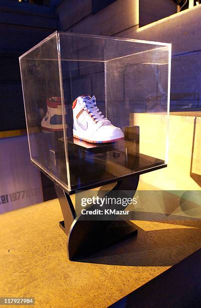 Display showcasing 30 years of Nike Basketball sneakers