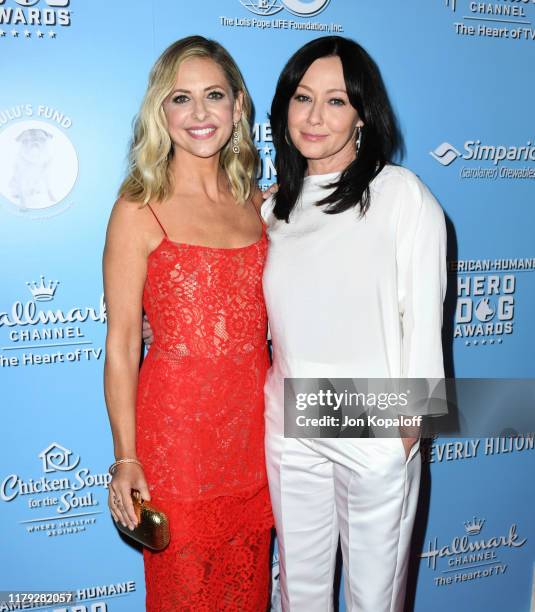 Sarah Michelle Gellar and Shannen Doherty attend the 9th Annual American Humane Hero Dog Awards at The Beverly Hilton Hotel on October 05, 2019 in...