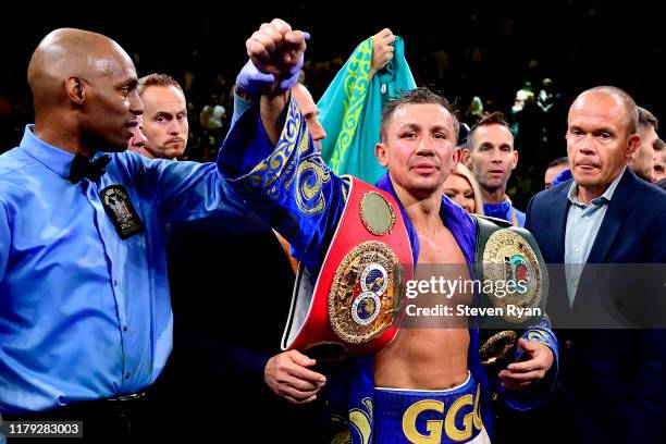 Gennady Golovkin is awarded victory in his IBF middleweight title bout against Sergiy Derevyanchenko at Madison Square Garden on October 05, 2019 in...