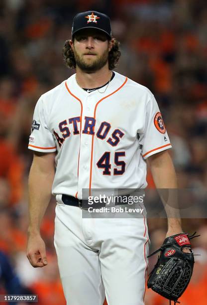 Gerrit Cole of the Houston Astros reacts after his 15th strike out to Travis d'Arnaud of the Tampa Bay Rays during the eighth inning of Game 2 of the...