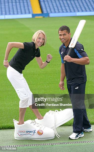 Paula Radcliffe and Jason Robinson during Tesco Sport for Schools & Clubs - Photocall at Chelsea FC in London, Great Britain.