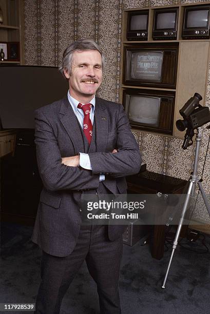 Cable television mogul Ted Turner is photographed with video display equipment in his office at Turner Broadcasting System on January 5, 1982 in...
