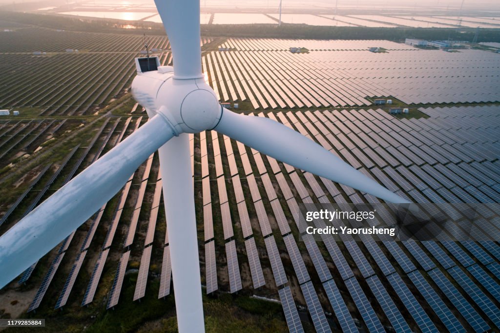 Industrial landscape with different energy resources. Sustainable development.