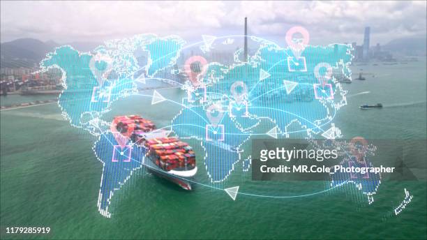 digital delivery concept, logistic and transportation technology concept.global business of cargo freight.international import export trade - intercontinental fotografías e imágenes de stock