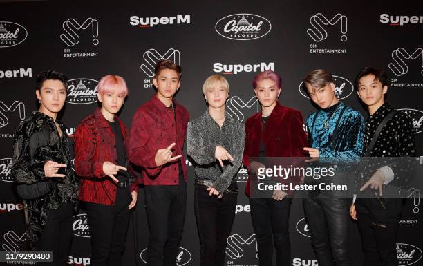 Ten, Baekhyun, Lucas, Taemin, Taeyong, Kai and Mark of SuperM attend SuperM Live From Capitol Records in Hollywood at Capitol Records Tower on...