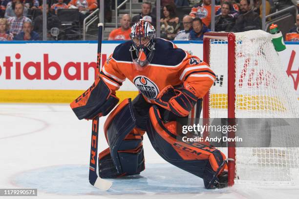 Goaltender Mike Smith of the Edmonton Oilers during the game against the Los Angeles Kings on October 5 at Rogers Place in Edmonton, Alberta, Canada.