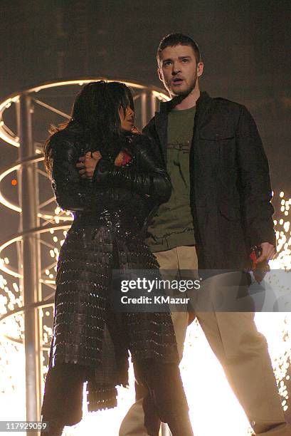 Janet Jackson and Justin Timberlake during The AOL TopSpeed Super Bowl XXXVIII Halftime Show Produced by MTV at Reliant Stadium in Houston, Texas,...