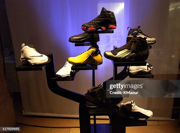 Display showcasing 30 years of Nike Basketball sneakers