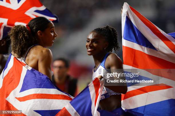 Ashleigh Nelson and Dina Asher-Smith of Great Britain after winning silver in the Women's 4x100m final during day nine of 17th IAAF World Athletics...