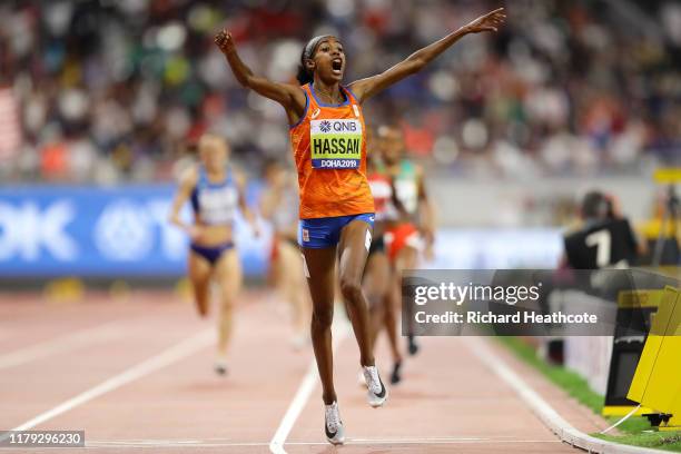 Sifan Hassan of Netherlands celebrates wining gold in the Women's 1500 Metres final during day nine of 17th IAAF World Athletics Championships Doha...