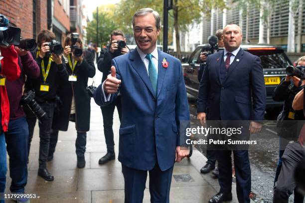 Brexit Party leader Nigel Farage arrives at The Emmanuel Centre on November 1, 2019 in London, England. Mr Farage launched the Brexit Party's...