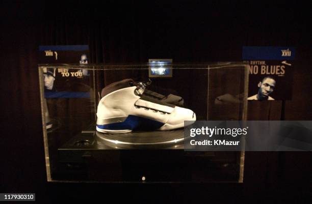 Display showcasing 30 years of Nike Basketball sneakers