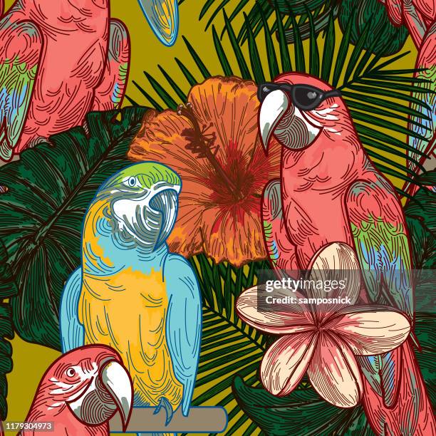 cool seamless tropical plant parrot pattern - monstera background stock illustrations