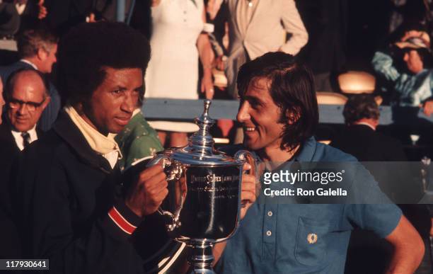 Arthur Ashe and Ilie Nastase during U.S. Open Tournament - Men's Doubles - September 10, 1972 at Forest Hills, New York, United States.