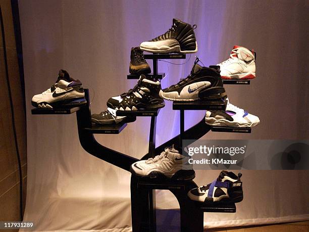 Display showcasing 30 years of Nike Basketball sneakers