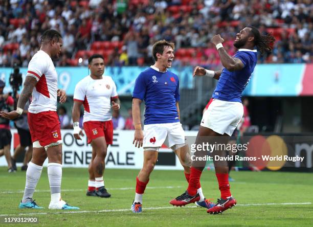 Alivereti Raka of France celebrates after scoreing his team's second try during the Rugby World Cup 2019 Group C game between France and Tonga at...