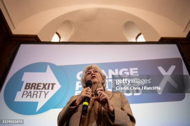 Brexit Party MEP Anne Widdecombe speaks at the launch of the Brexit Party general election campaign at The Emmanuel Centre on November 1, 2019 in...