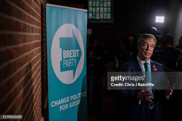 Leader of the Brexit Party, Nigel Farage, speaks to the media following the launch of the Brexit Party general election campaign at The Emmanuel...
