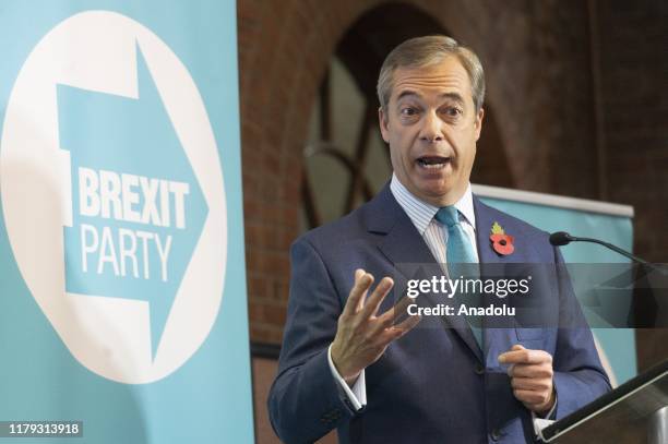 Brexit Party leader Nigel Farage makes a speech launching the Brexit Party General Election Campaign in London, United Kingdom on November 01, 2019.