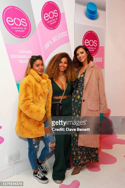 Kaz Crossley, Amber Gill and Lucy Mecklenburgh attend the launch preview of eos lip balm pop-up - the KeosK - on November 1, 2019 in London, England....