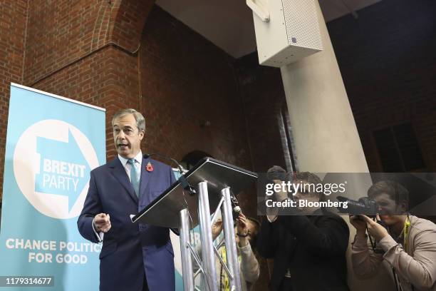 Nigel Farage, leader of the Brexit Party, speaks during the launch of the party's general election campaign in London, U.K., on Friday, Nov. 1, 2019....