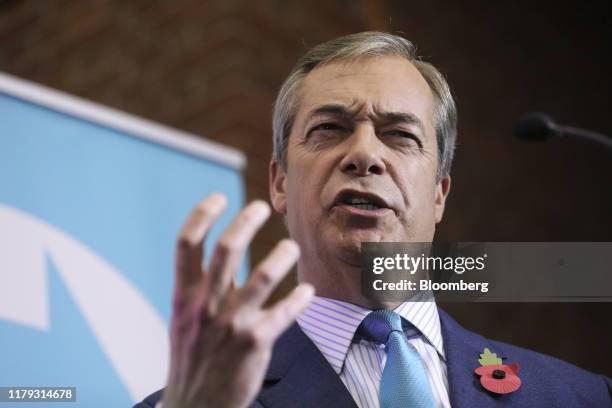 Nigel Farage, leader of the Brexit Party, speaks during the launch of the party's general election campaign in London, U.K., on Friday, Nov. 1, 2019....