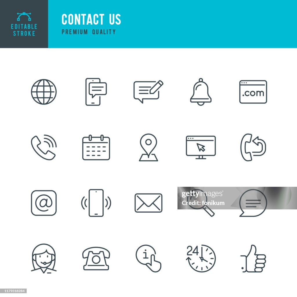 Kontaktieren Sie uns - Dünne Linie Vektor-Symbol gesetzt. Bearbeitbarer Strich. Pixel perfekt. Set enthält Symbole wie Globus, Standort, Feedback, Nachricht, Support, Telefon, Mail.
