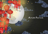 Chinese red lantern on autumn festival night on blackboard vector for decoration.