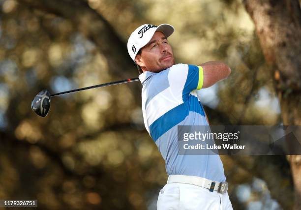 Brett Rumford of Australia tees off on the 1st hole during Day four of the Open de Espana at Club de Campo Villa de Madrid on October 06, 2019 in...