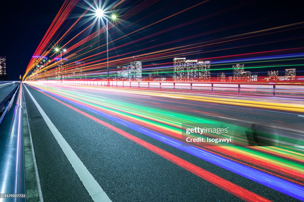 Traffic Light Trails At Tokyo Waterfront Area