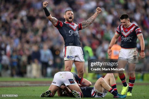 Jared Waerea-Hargreaves of the Roosters celebrates winning the 2019 NRL Grand Final match between the Canberra Raiders and the Sydney Roosters at ANZ...