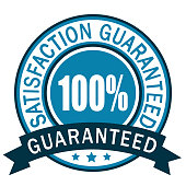 100% Guaranteed. Satisfaction guaranteed badge label. Blue icon.