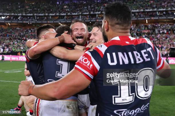 Jared Waerea-Hargreaves of the Roosters celebrates with team mates after winning the 2019 NRL Grand Final match between the Canberra Raiders and the...