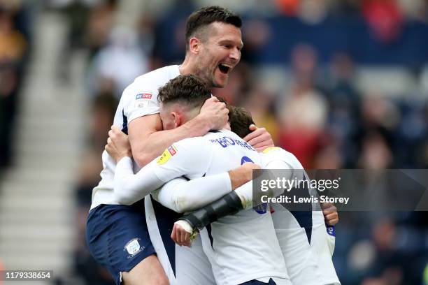 Ben Pearson of Preston North End celebrates with teammates after scoring his sides fourth goal during the Sky Bet Championship match between Preston...