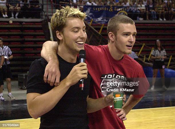 Lance Bass & Justin Timberlake during Top stars join *NSYNC for the 3rd annual Challenge for the Children basketball charity event, featuring...
